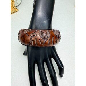Hand Carved Wooden Bangle Bracelet Wide Artisan Statement Vintage